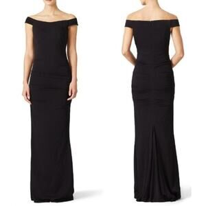 Nicole Miller Black Vive Crepe Scoop Neckline Fitted Ruching Detail Gown Size 14